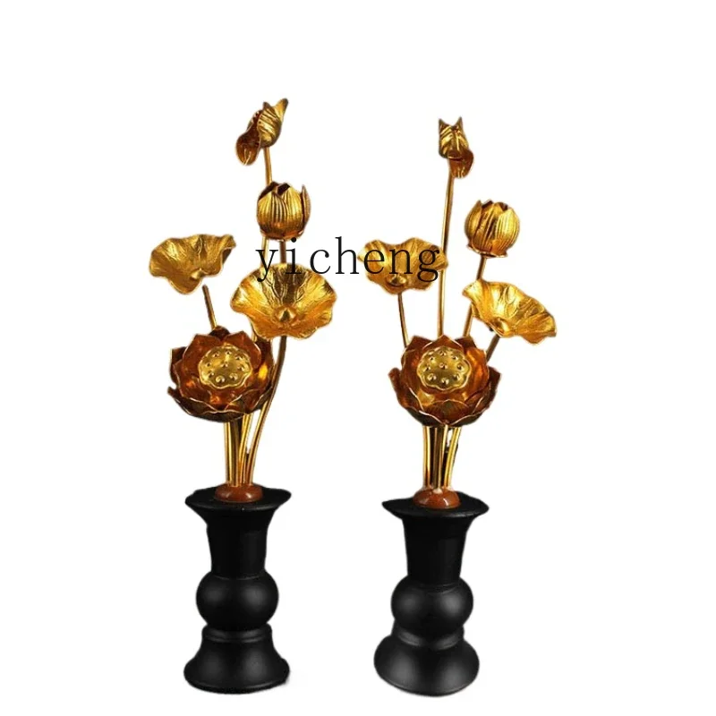 

ZK Buddha front flower simulation offering Buddha vase gilt lotus gold foil flower household ornament offering indoor pair