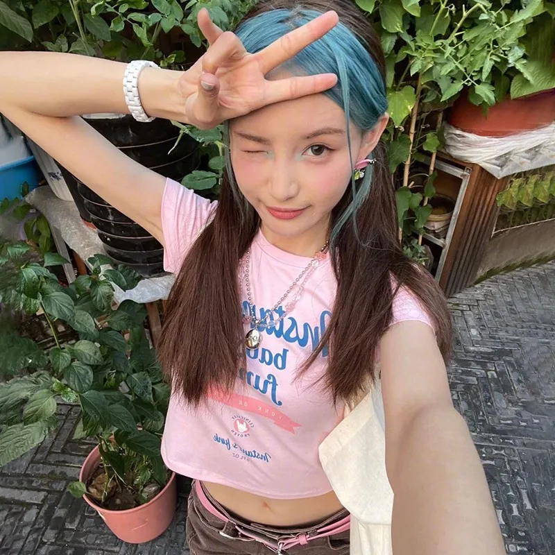 Karrram Y2k Aesthetics Pink T-shirt Korean Fashion Designer Clothes Kawaii Slim Crop Top Grunge Letter Print Short Sleeve Tshirt