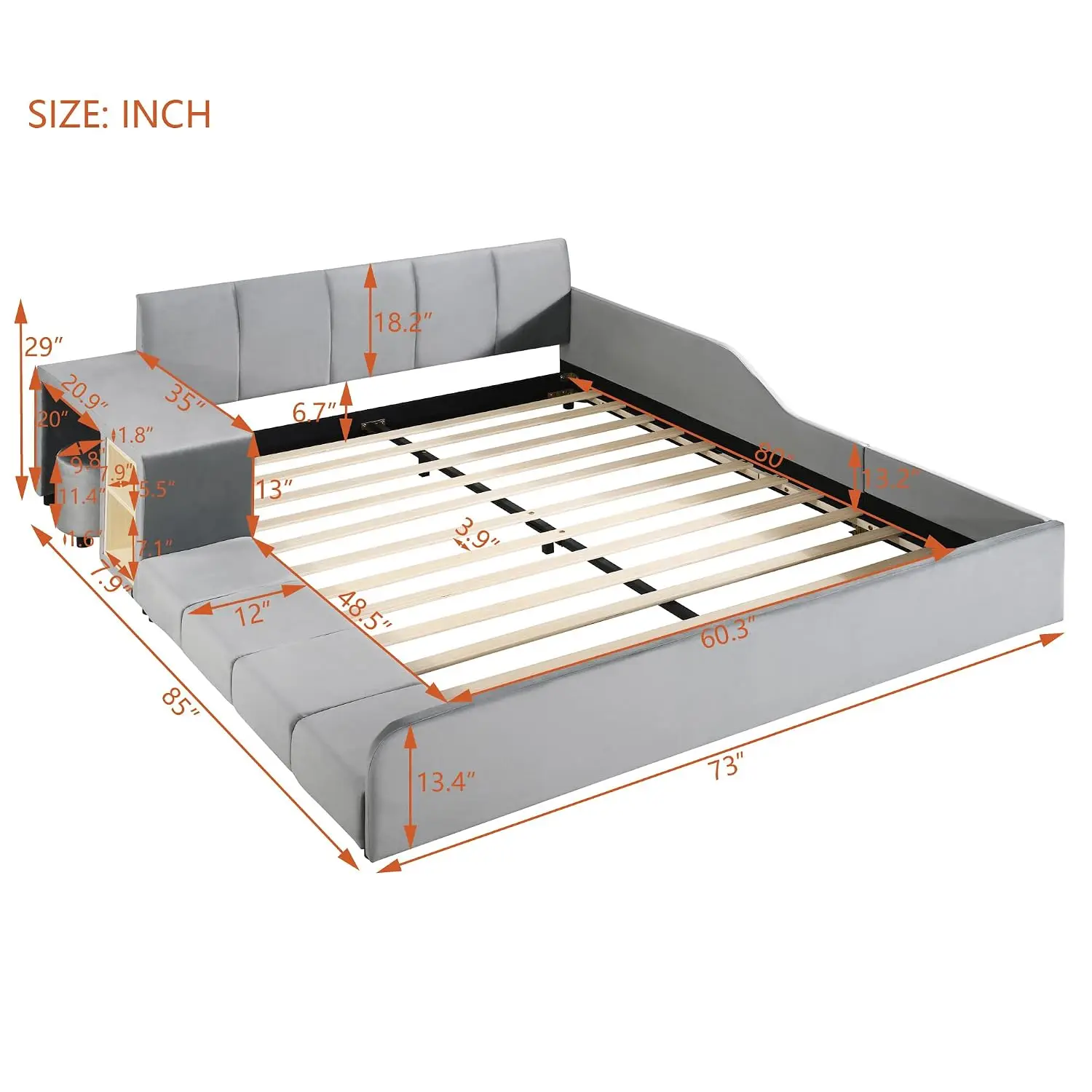 Queen Size Platform Bed, Queen Velvet Upholstered Grounded Bed Frame With Bedside Desk And Little Round Stool, Gray, Customized