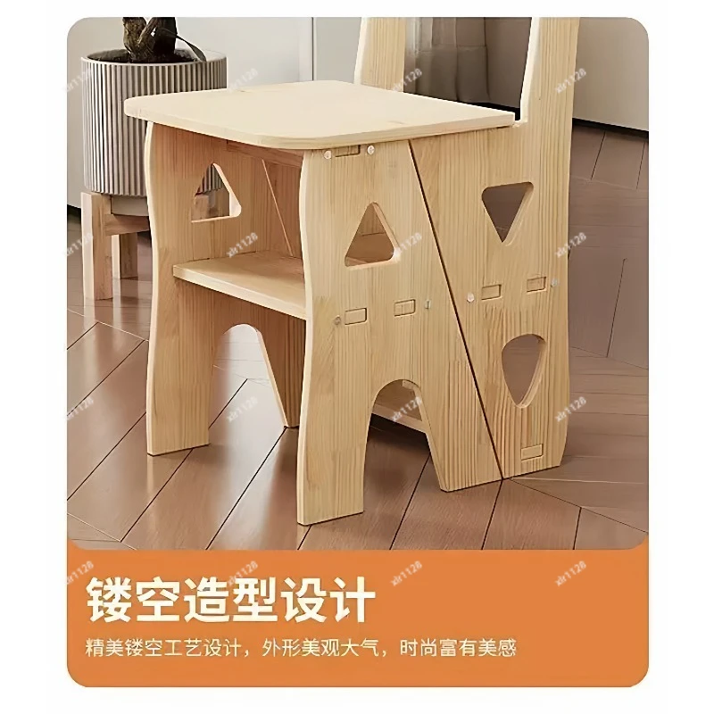 Multifunctional Solid Wood Ladder Chair Foldable Retractable Step Stool for Small Space Home