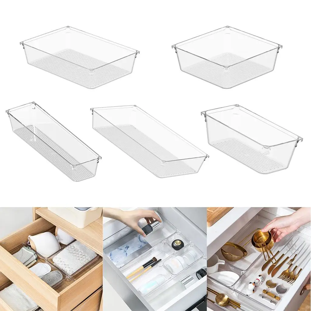 Clear Plastic Stackable Desk Drawer Organizer Wardrobe Vanity Makeup Underwear Divider Container for Home Kitchen Office