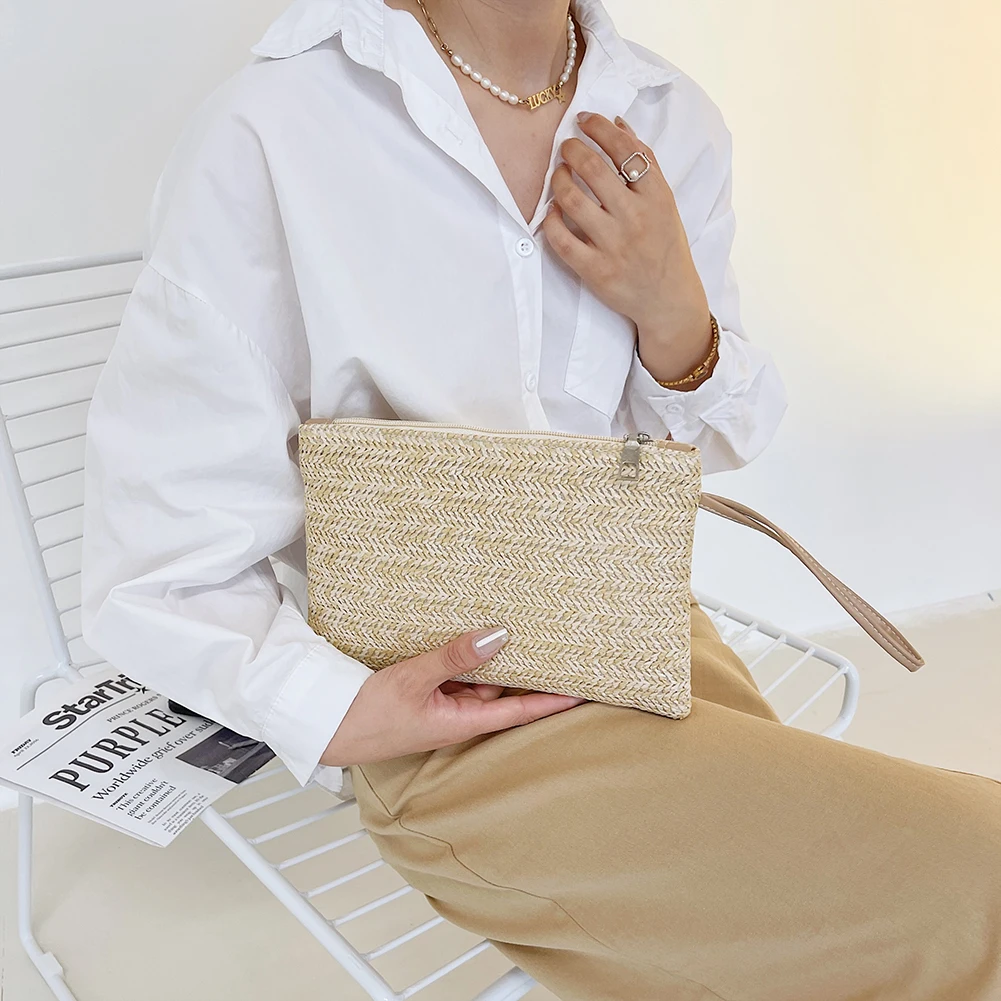 Vacation Casual Ladies Small Phone Pocket Fashion Women Bohemian Woven Clutch Wristlet Bag Beach Handbags Purse view 5