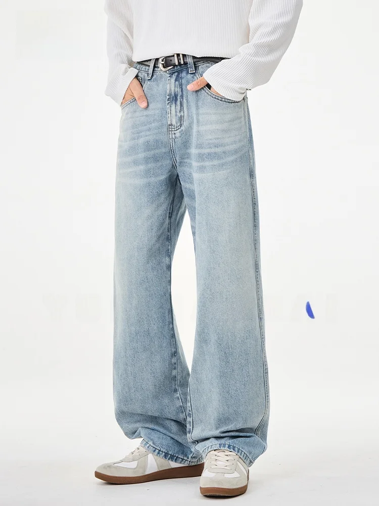 Calça Jeans Americana Lavada com Corte Reto Casual Solta Outono High Street Unissex Calça Comprida em Mistura de Algodão e Po...