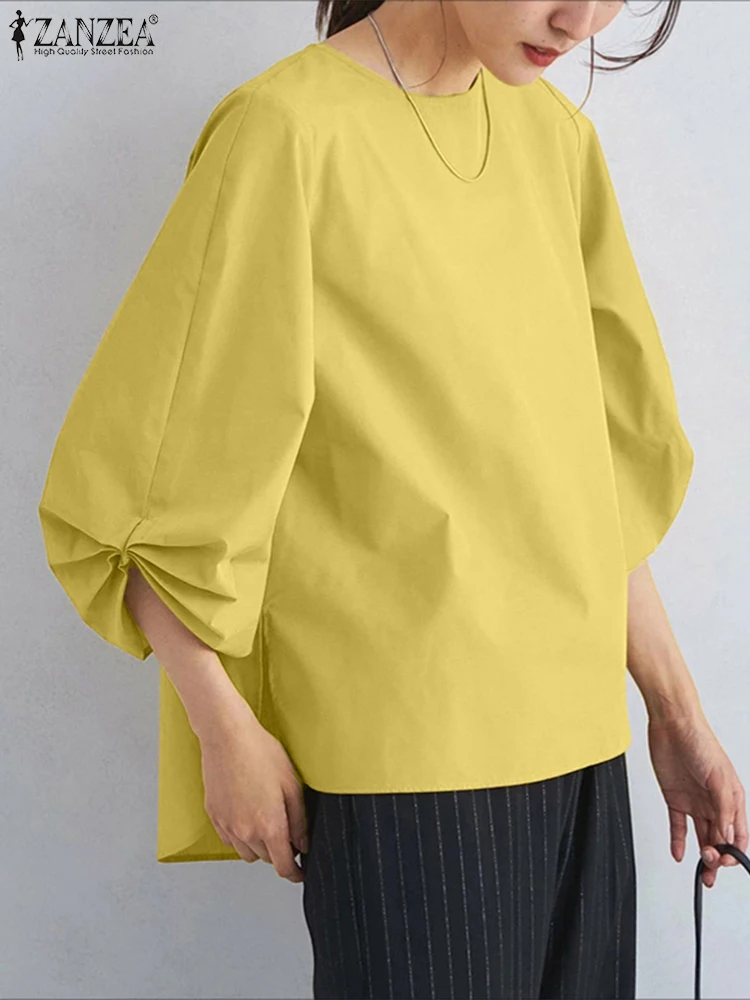 

ZANZEA Women Pleated Blusas Elegant Work OL Blouse Casual Loose 3/4 Lantern Sleeve Tops O-Neck 2025 Autumn Pullovers