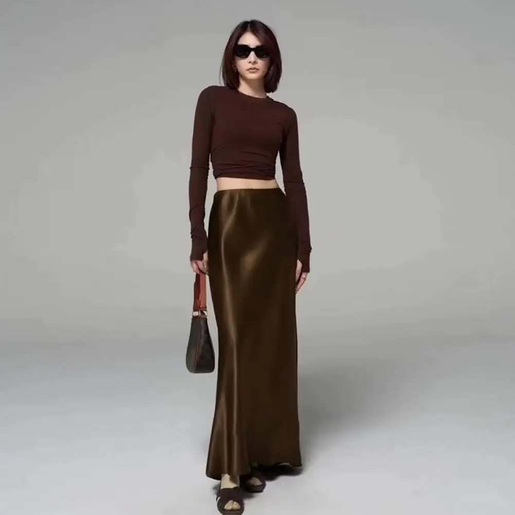 Wmoen Fishtail Skirt Women’s High-waisted Fishtail Skirt Satin-like Breathable Maxi Skirt Shiny Design for Work Leisure Wear