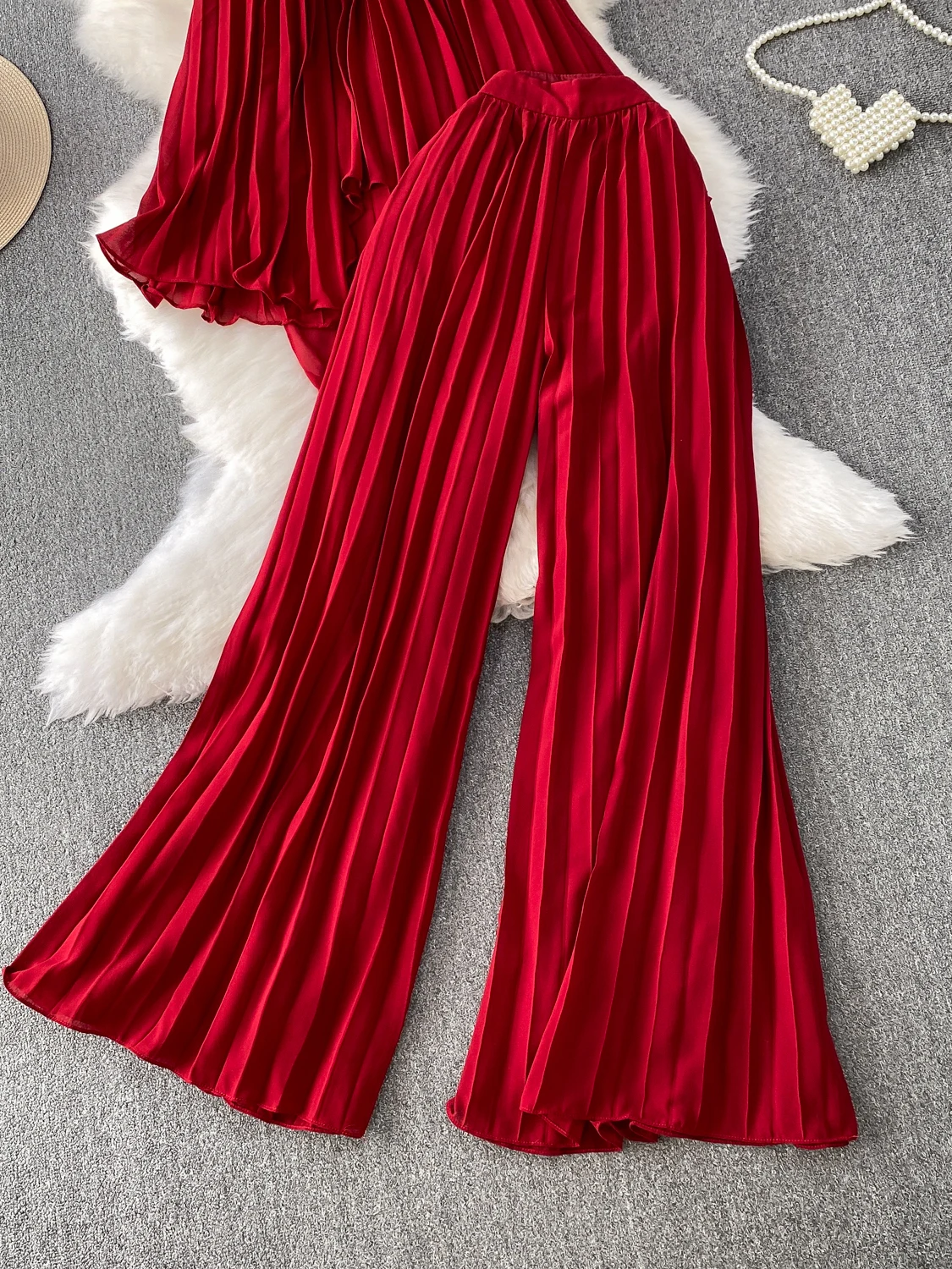 

Spicy Girl Svel Wrap Ne Vest Design Sense Asymmetrical Top Two-Piece Set High Waist Slimming Pleated Wide Leg Pants