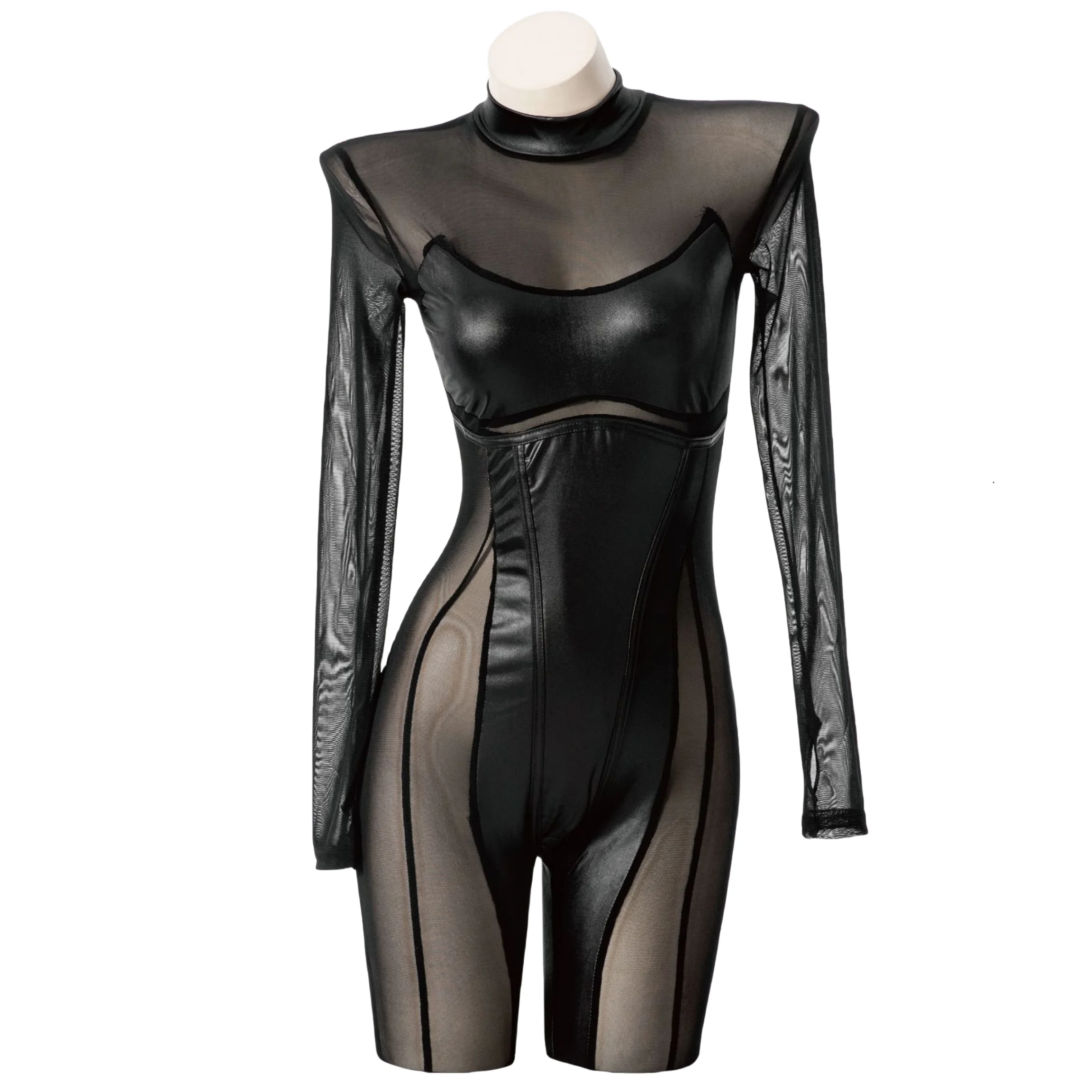 Mono negro de manga larga transparente para mujer, traje Sexy de una pieza para Cosplay, ropa de calle para Club