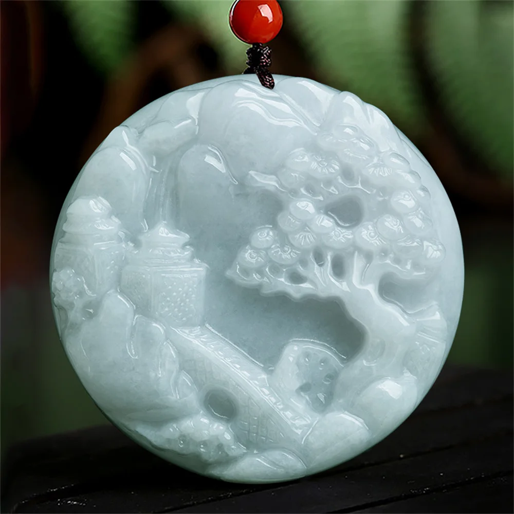 

Natural Ice Jadeite Carved Pretty Mountain Landscapes Lucky Pendant Amulet Necklace Certificate Luxury Jade Trendy Gift Jewelry