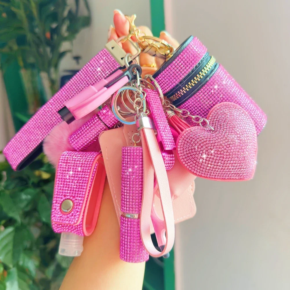 

Rhinestone Pink Bling Spray Shell Pill Box Safety Keychain Set Accessories Rhinestone Self Defense Keychain Supplies