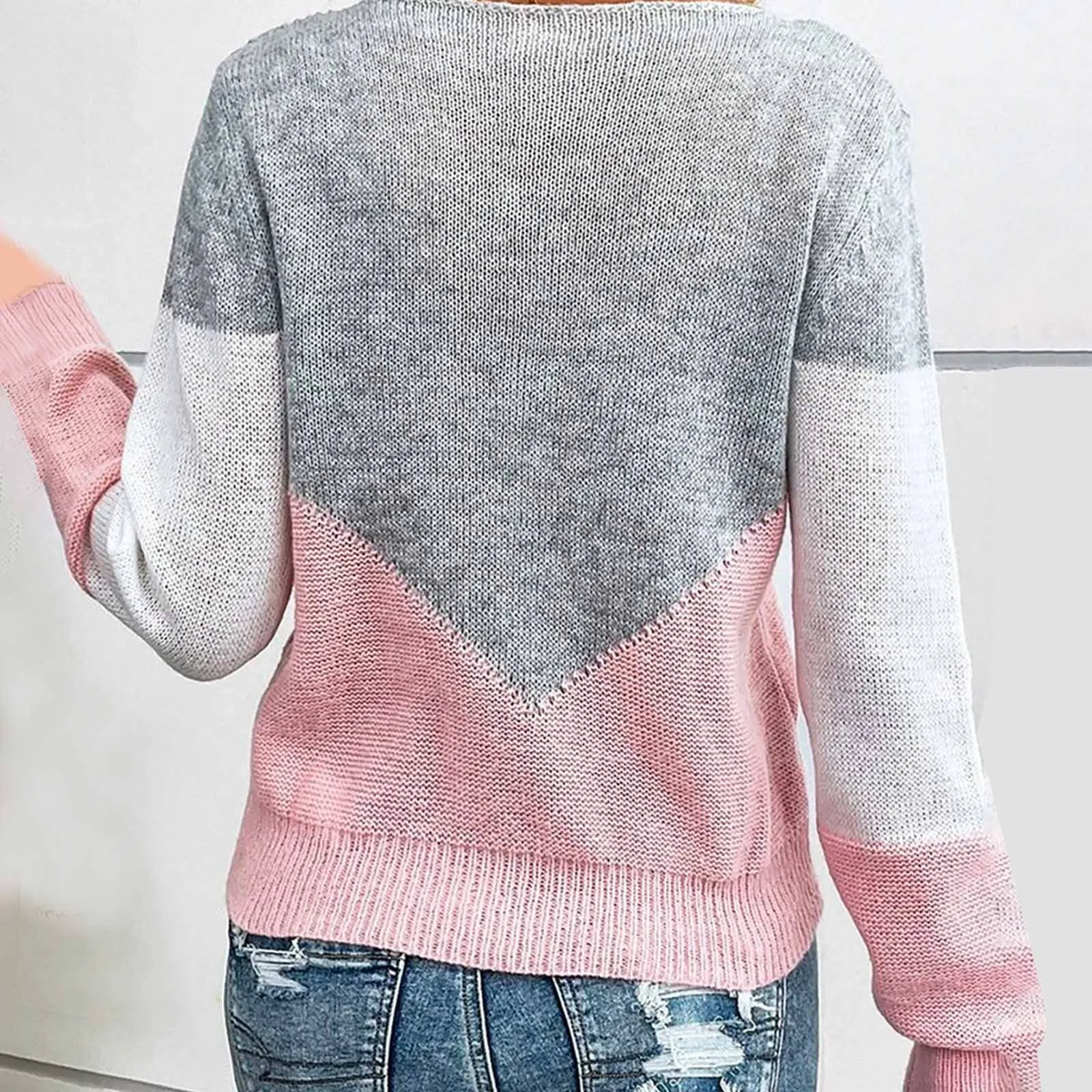 Autumn Winter Fashion Women Color Block Knit Sweater Casual Loose Round Neck Hollow Out Style Pullover Female Knitwear Tops 2024