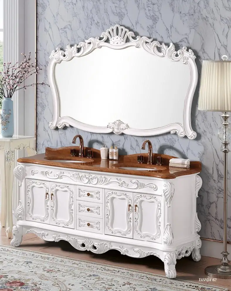 

Набор для ванной комнаты из цельного дерева в европейском стиле, большой шкаф для хранения с керамической столешницей, зеркало для ванны, туалетные принадлежности