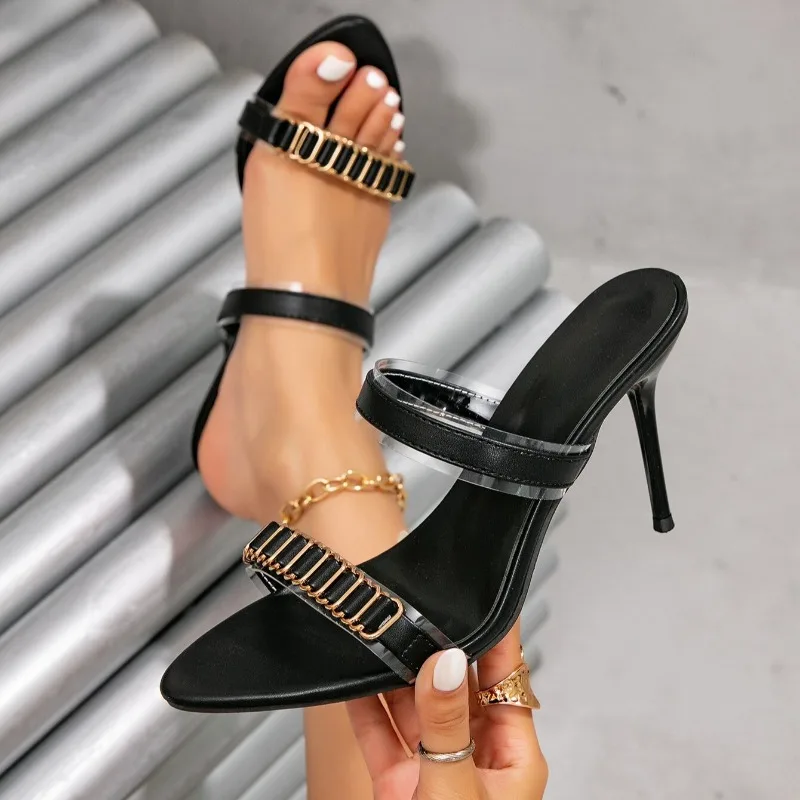 

Fashion Metal Buckle Design Heeled Sandals Woman Sexy PVC Open Toe High Heels Slippers Round Toe Mules Slides Zapatos Mujer