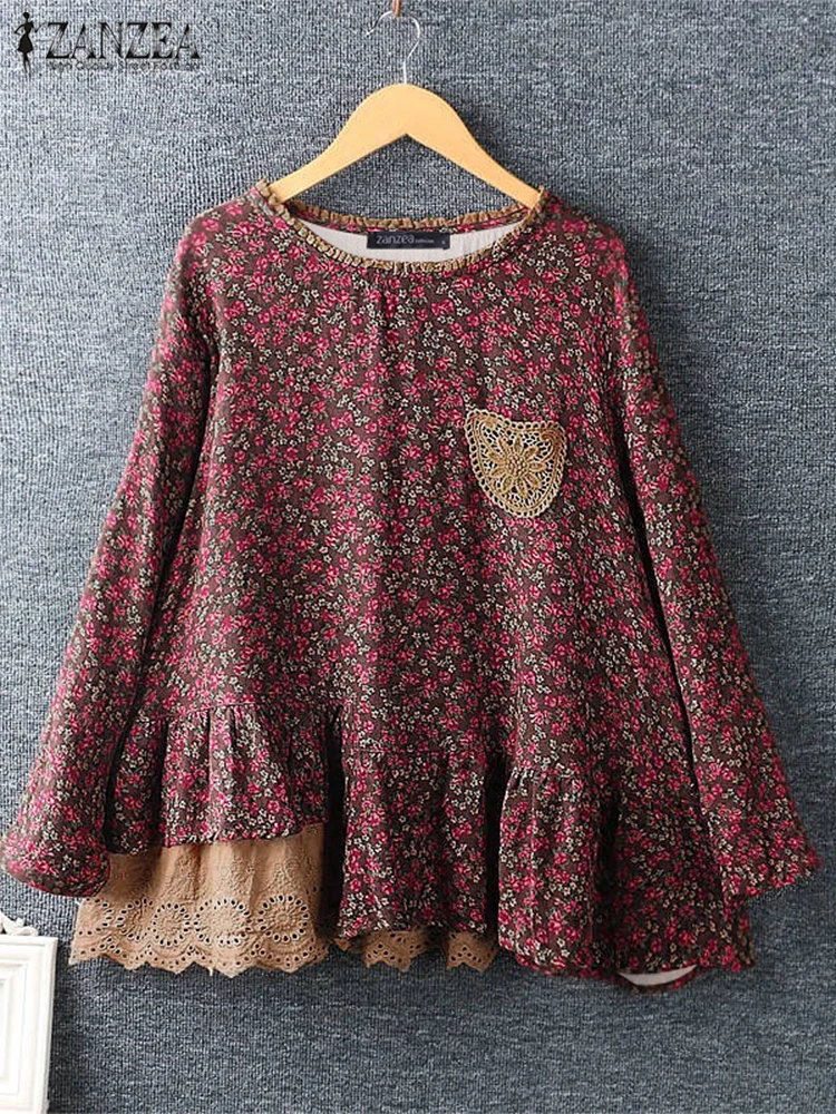 ZANZEA Korean Style Retro Tops Women Long Sleeve Blouses 2024 Casual Floral Printing Blusas Simple Lacing Splicing Loose Tunics