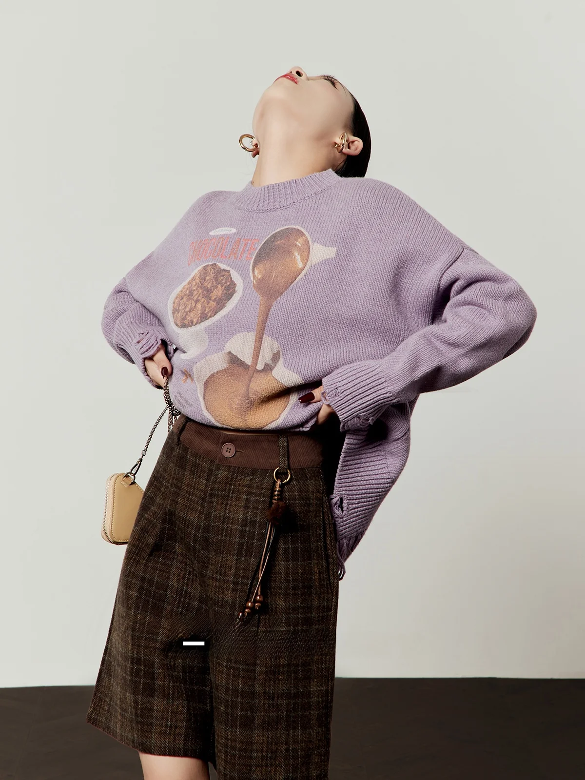 

Sauce Purple Loose Casual round Ne Sweater Women's Spring New Sle Zhou Li Wu Brand Knitted Long Sve Top