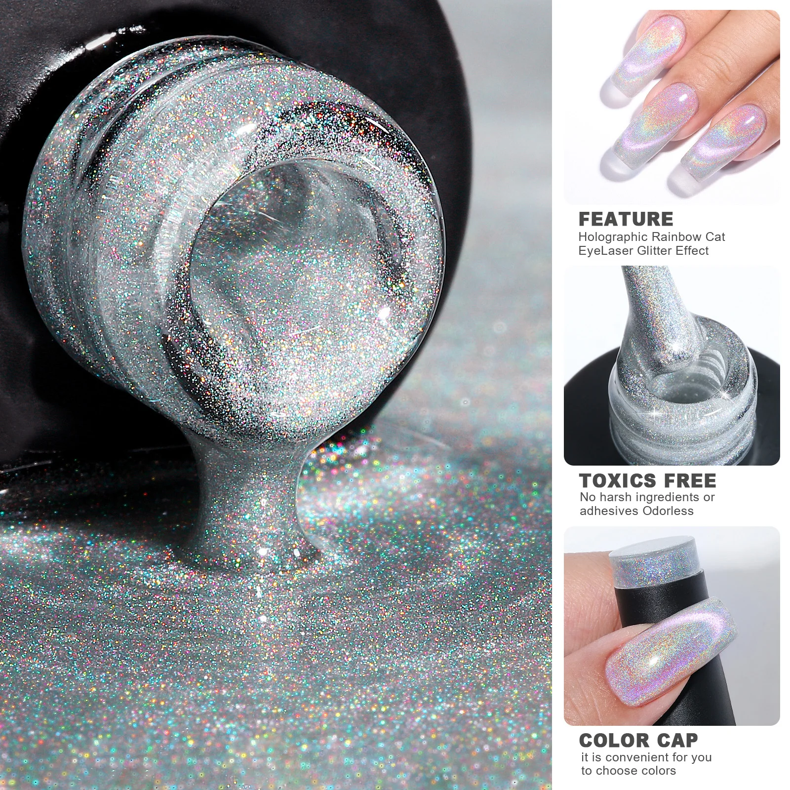 YOKEFELLOW Rainbow Cat Eye Gel Polish Magnetic Omnipotent Silver Holographic 9D Cat Magnetic Gel Nail Polish Sparkle Gel Polish