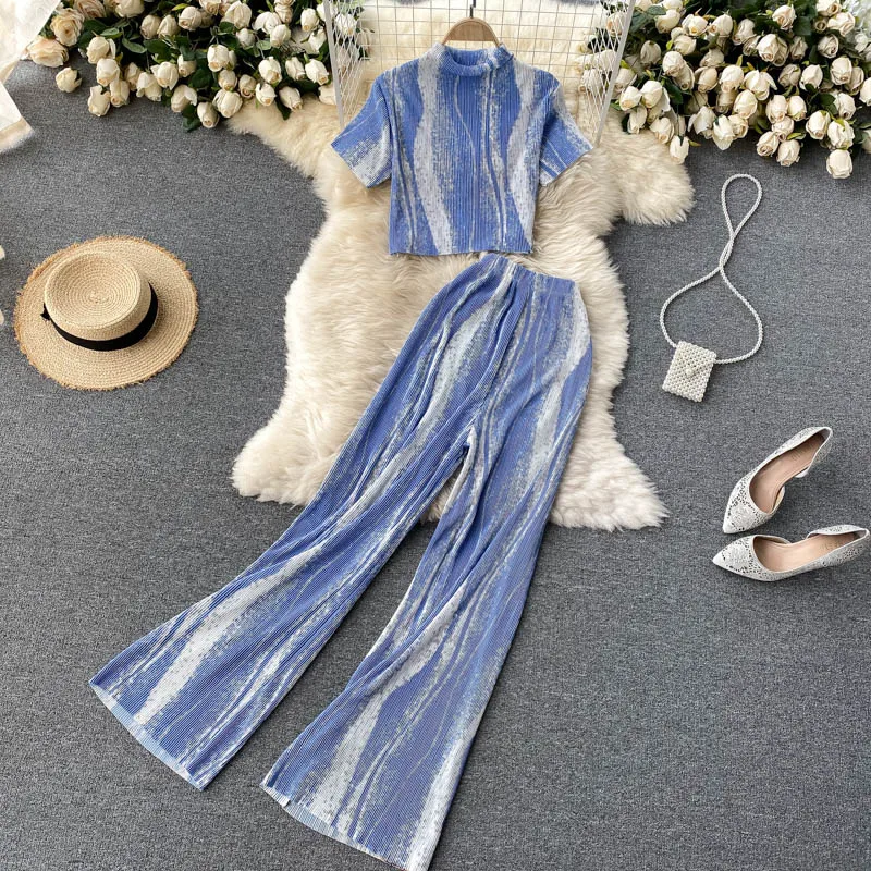 Blue/Black/Green Striped 2pcs Set Women Summer Stand Collar Short Sleeve Tops + High Waist Pants Pleated Draped Suit Female 2022