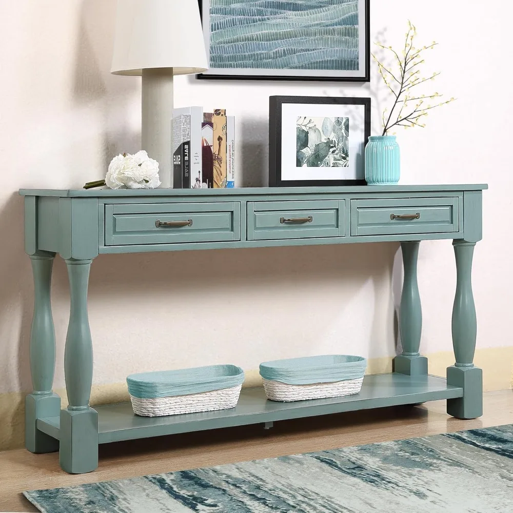

Long Antique Entry Console Table with 3 Drawers & Bottom Open Shelf, Solid Wood Sofa Table for Entryway Hallway Living Room 63.