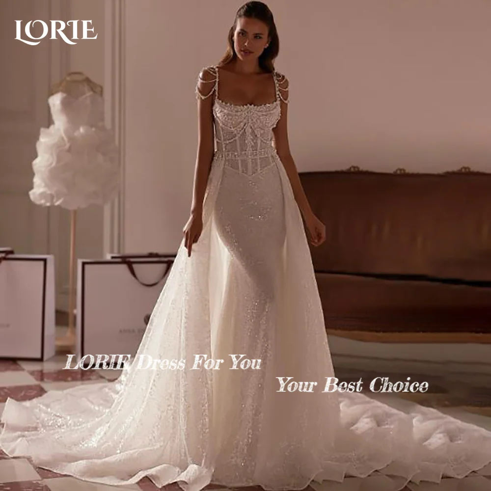 LORIE Vintage Shiny Meerjungfrau Hochzeit Kleid Meerjungfrau Perlen Schulter Abnehmbare Zug Brautkleid Prinzessin Braut Kleider Angepasst