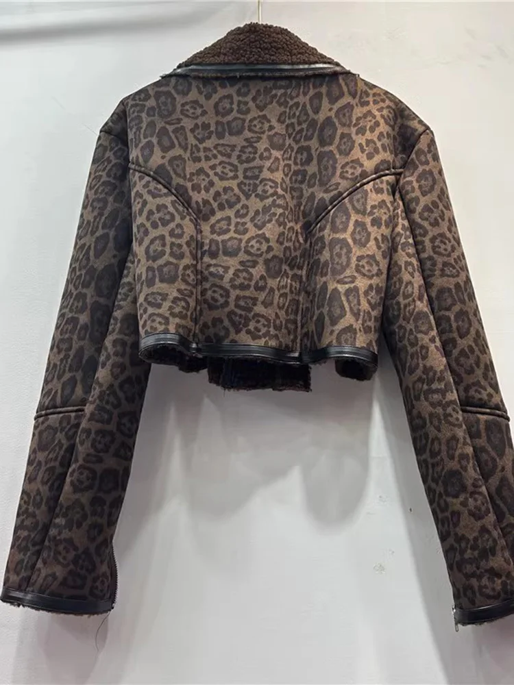 VGH Leopard Printed Women Leather Jacket Lapel Long Sleeve Patchwork Zipper Streetwear Granular Velvet Short Coat Female Winter