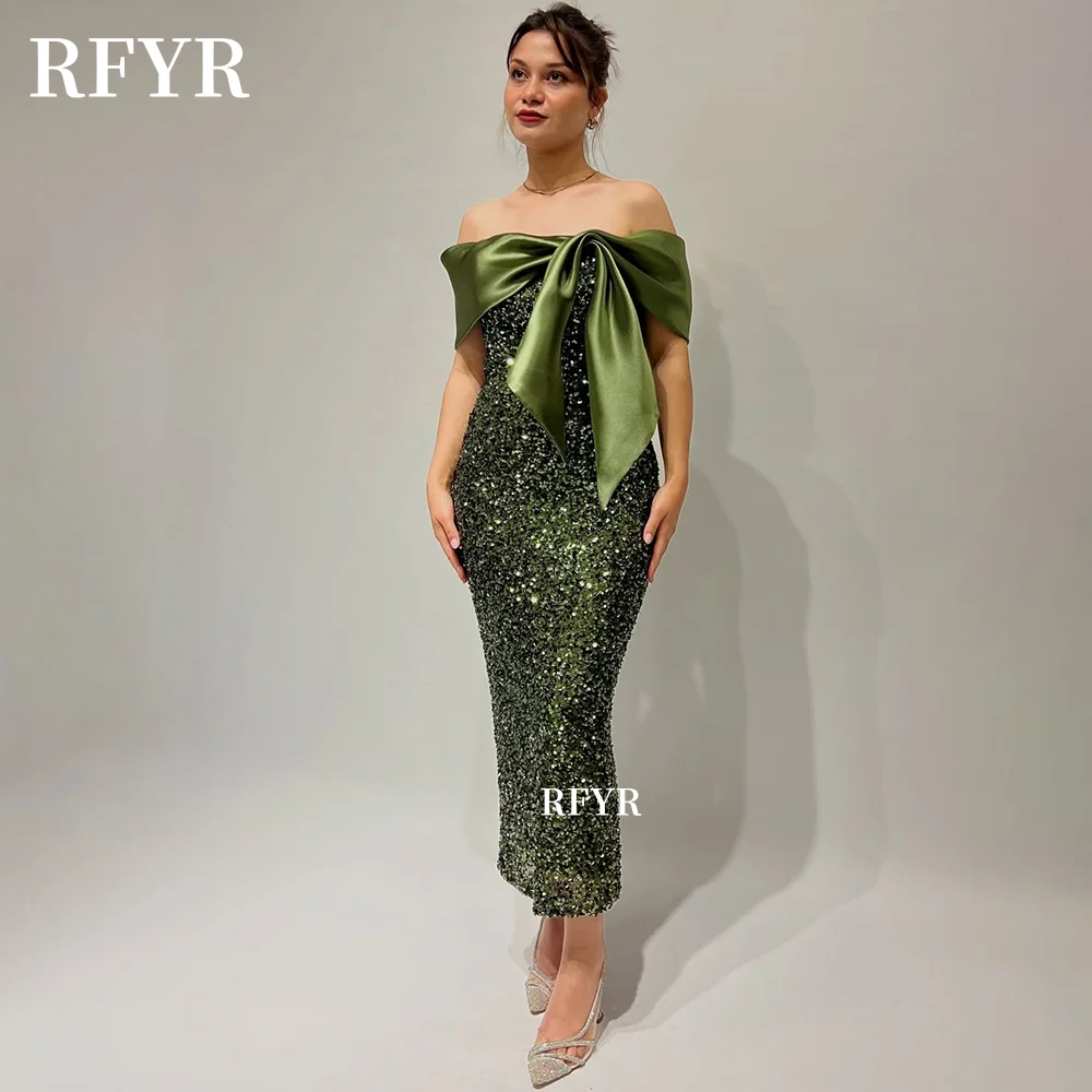 

RFYR Off Shoulder Prom Dress Sequins Party Dress with Bow Evening Dress Mermaid Celebrity Dress for Arabic Women Customized