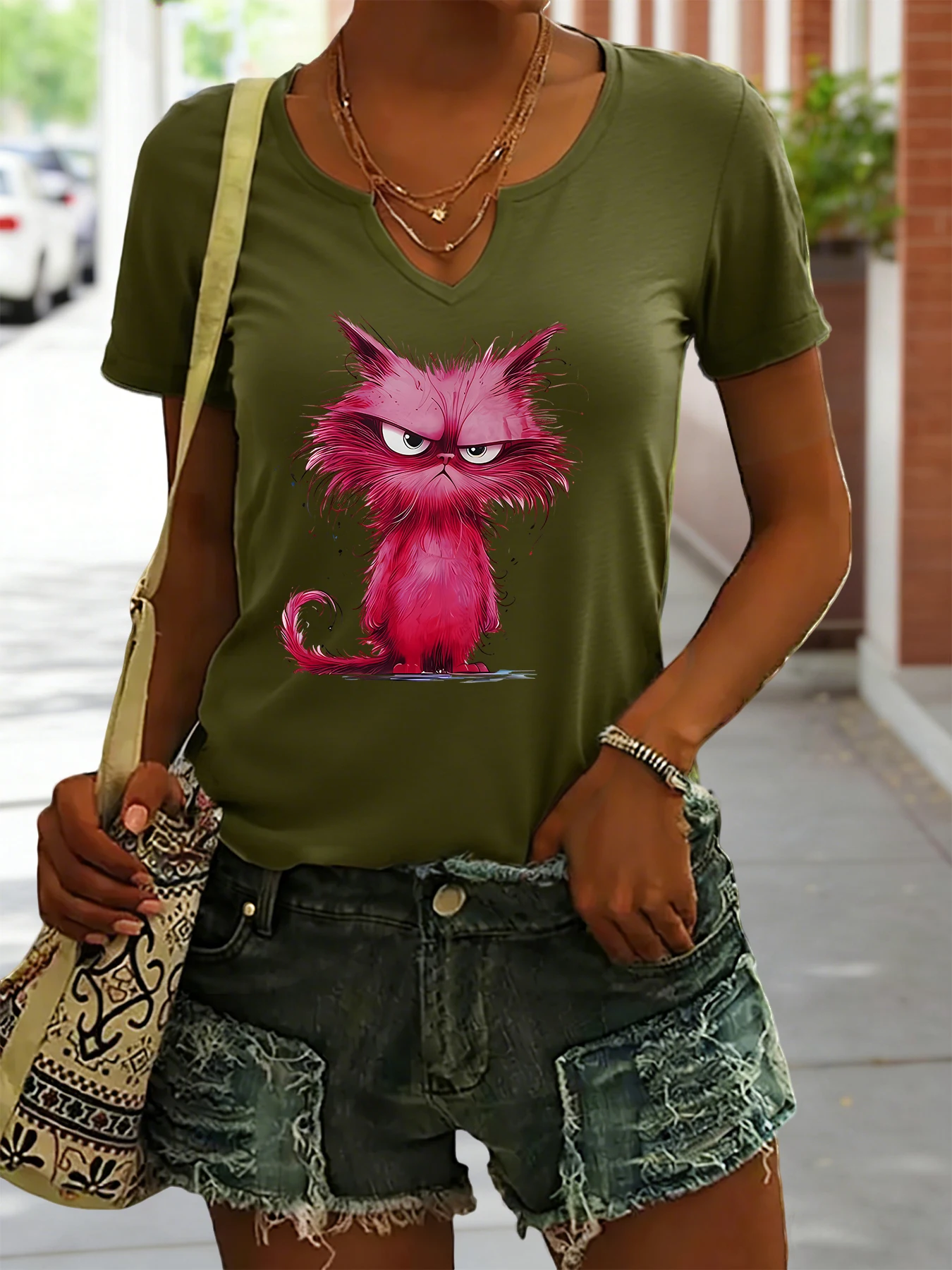Women's Summer V-Neck Short Sleeve T-Shirt, Grumpy Pink Fluffy Cat Cartoon Art Print, Funny Pet Lover Casual Daily Tee