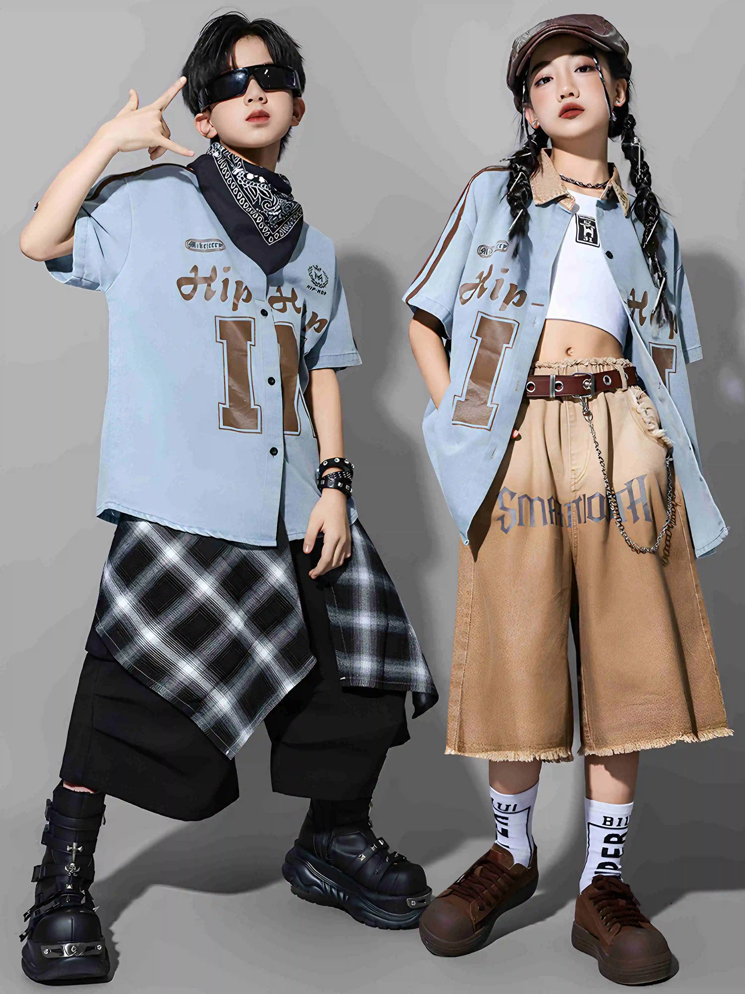 Girls Hip Hop Dance Costume Boys Denim Shirt Short Sleeves Kids Fashion Street Clothing Modern Jazz Dance Outfit Kpop BL16432