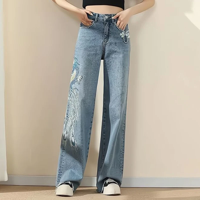 High Waist Jeans Women 2024 New Summer Phoenix Embroidery Straight-Leg Pants Female Loose Hot Beads Flared Denim Trousers