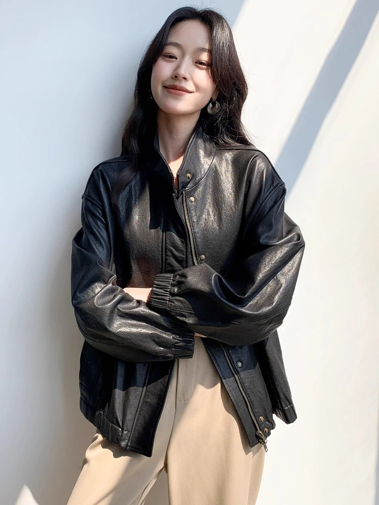 여성을위한 빈티지 정품 가죽 카고 재킷 봄 가을 하이 엔드 단순 스탠드 칼라 느슨한 부드러운 블랙 진짜 양피 코트