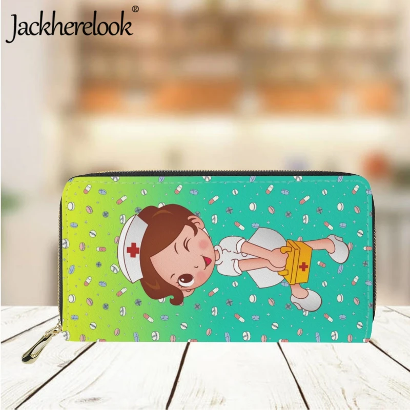 Jackherelook Color Gradient Cute Nurse Pattern Wallet New Women's Leather Long Money Bag Exquisite Bank Card Holder Purse Clutch