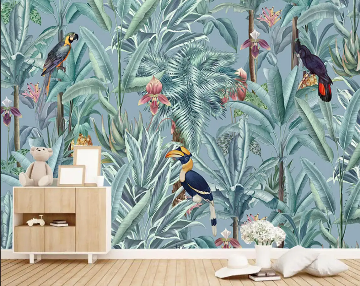 Customized Southeast Asian Leaf Retro Flower animal Living Room Sofa Wallpaper Hand drawn Flower Full House Decoration Wallpaper