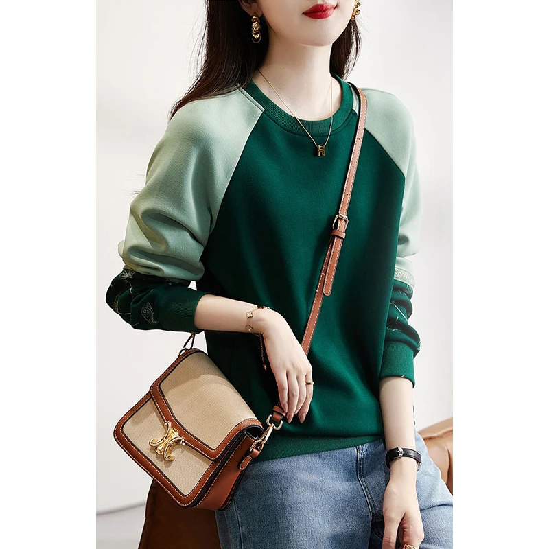 Autumn Winter O Neck Simple Patchwork Embroidery Sweatshirt Top Women Loose Casual All-match Pullover Ladies Comfortable Jumper