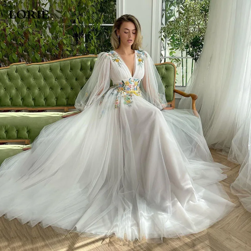 

LORIE Ivory Wedding Dresses A Line V Neck Long Puff Sleeve Tulle Bride Dress Elegant 3D Lace Flowers Wedding Gowns 2024