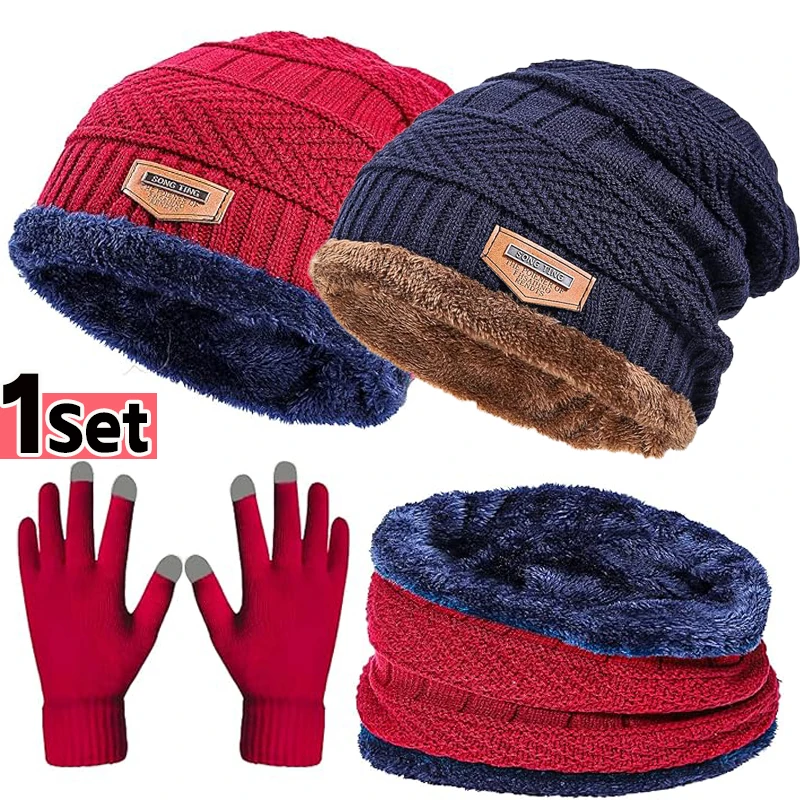 1 Juego de gorro grueso de invierno para hombre y mujer, gorro de punto, gorro de invierno, gorro, bufanda de lana para el cuello, gorros, gorro, gorro, conjunto de guantes