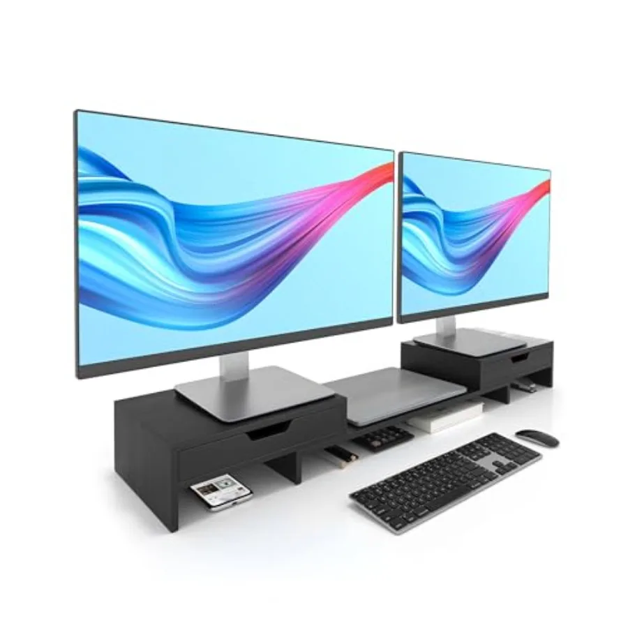 

Dual Monitor Riser with Two Drawers for Desk: Bamboo Black Space-Saving Storage Solution with Pre-Assembled Design