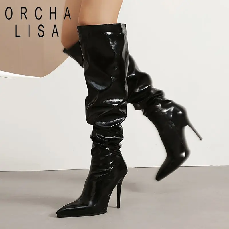 

ORCHA LISA Fashion Sexy Women Thigh Boots Pointed Toe 11cm Stiletto Heel Zipper Pleated Large Size 40 41 Over Knee High Winter