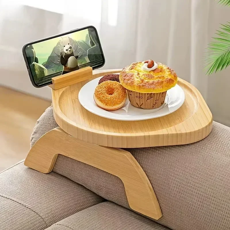 1pc Sofa Arm Tray Table with Phone Holder Sofa Armrest Clip-On Tray Wooden Couch Arm Tray for Remote Control Snacks Coffee Cups