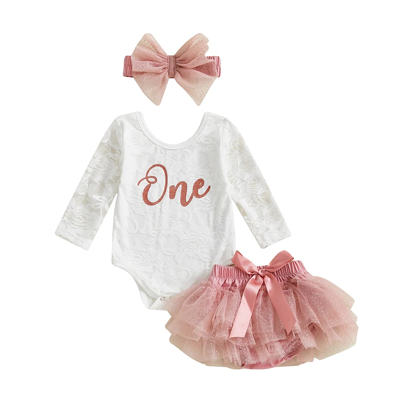 

Baby Girls My First Birthday Outfits Cute Long Sleeve Floral Lace Romper Tutu Skirt Headband Set