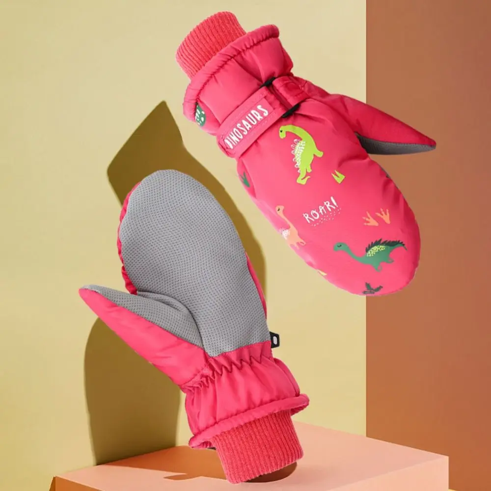 

Лыжные перчатки с изображением динозавра, водонепроницаемые бархатные теплые перчатки с подкладкой, ветрозащитные утолщенные перчатки для мальчиков и девочек, дети