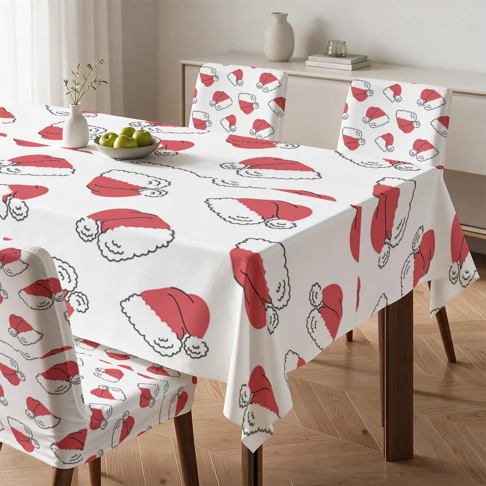 Cute Santa Claus Print Dining Chair Covers and Tablecloth for Festive Holiday Table Setting