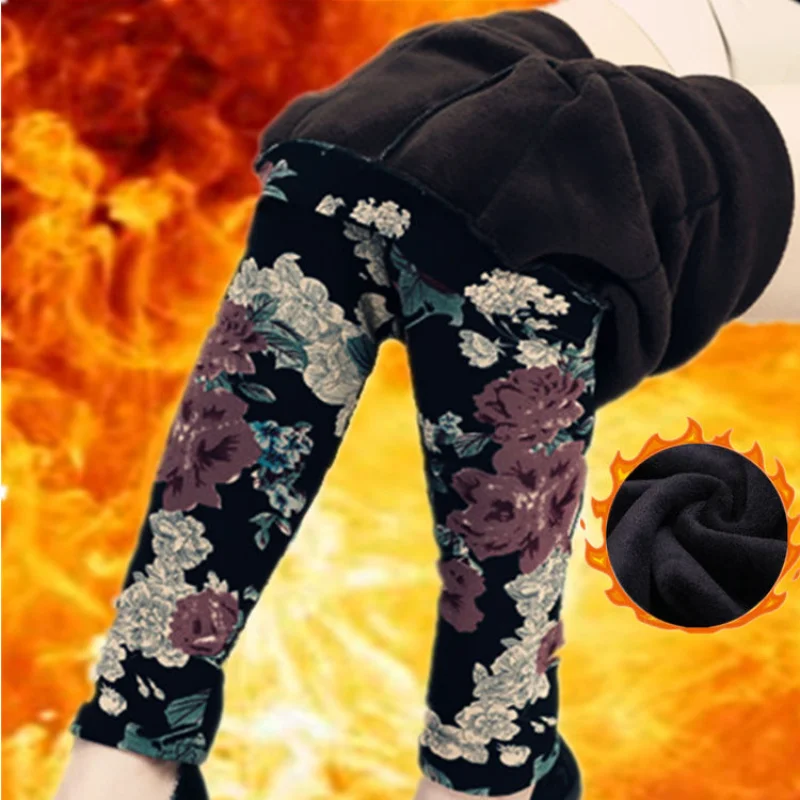 Women Pants Warm Winter Thick Velvet Trousers High Waist Black Leggings Casual Floral Printed Strench Skniny Pencil Pants Woman