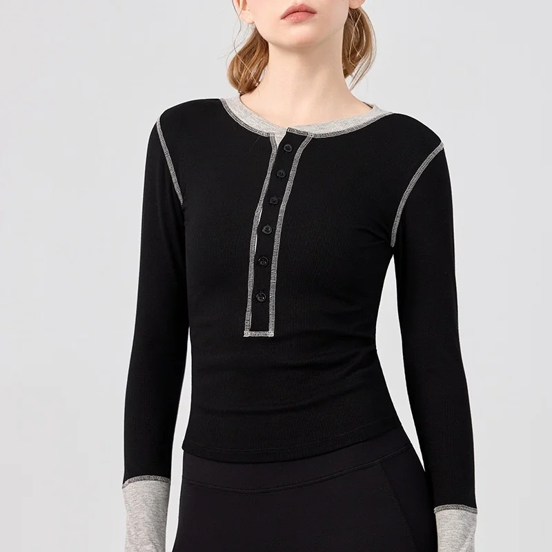 

Autumn Women Yoga Round Neck Long Sleeve Shirts Button High Elastic Close-fitting T-shirt Fitness Gym Workout Breathable Tops
