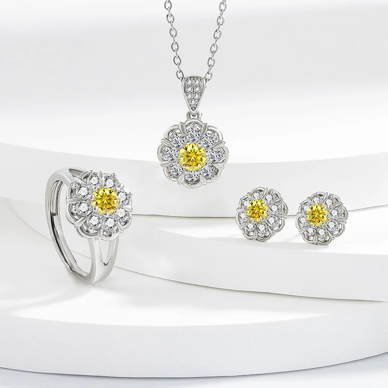 2026 Korean-style sunflower three-piece ring, necklace and stud earrings - fashionable party jewelry