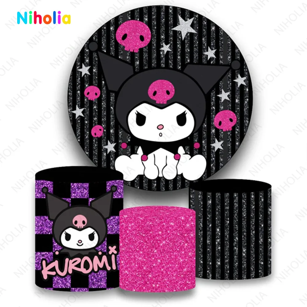 Sanrio Kuromi Backdrop First Girl Birthday Hello Kitty Decoration Photo Background Cylinder Cover Round Baby Shower Studio Decor