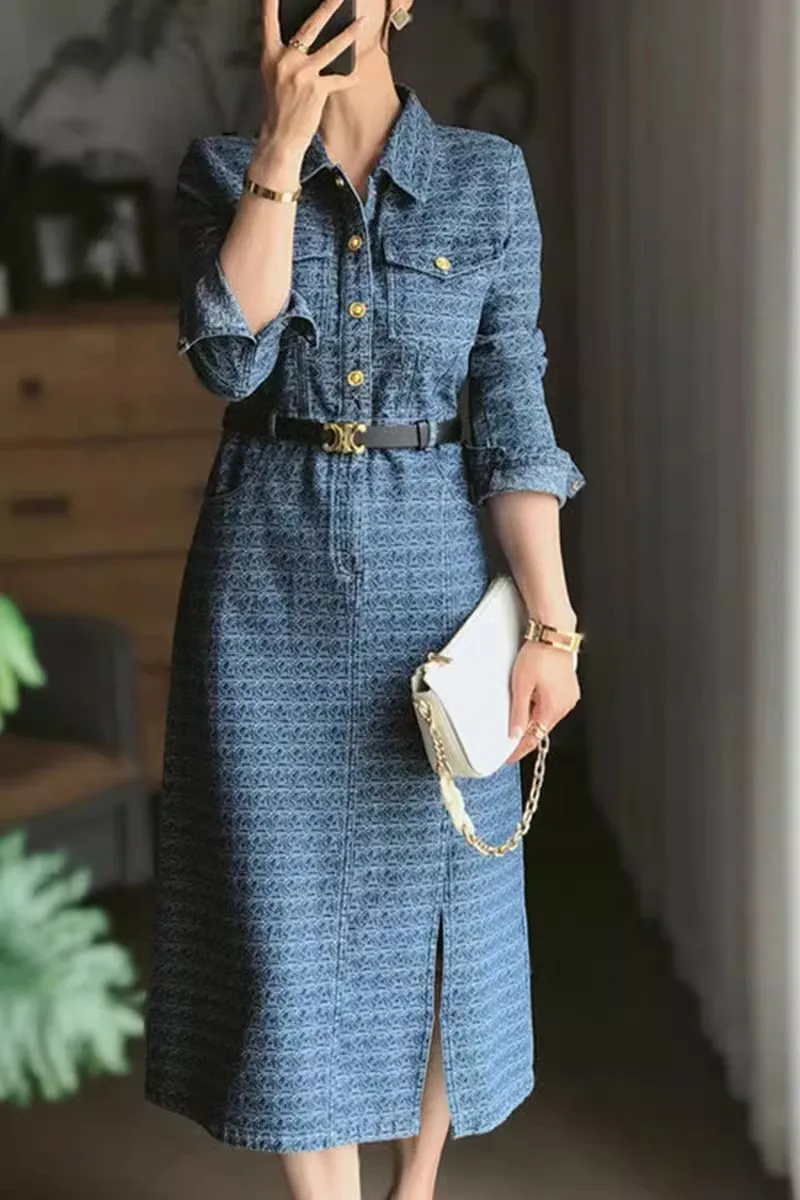 Ele Ladylike longue Sve Midi Dr bleu rétro taille haute jupe en jean Sle trajet taille haute a-ligne col Dr