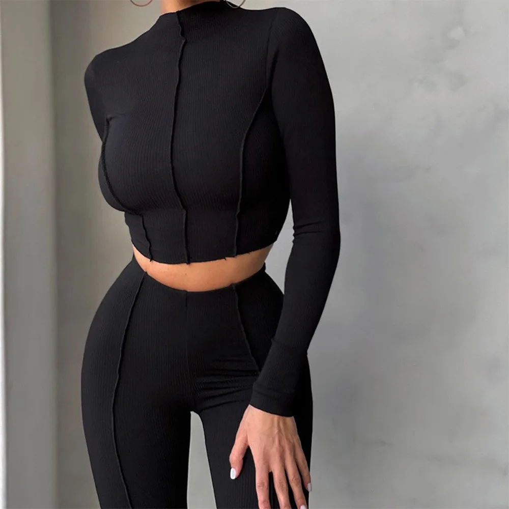 Herbst Frauen Neue Lange Ärmeln Set Mit Einfarbig Rundhals Hohe Taille Sexy Slim Fit Mode Set Zwei Stück Set Reverse Design