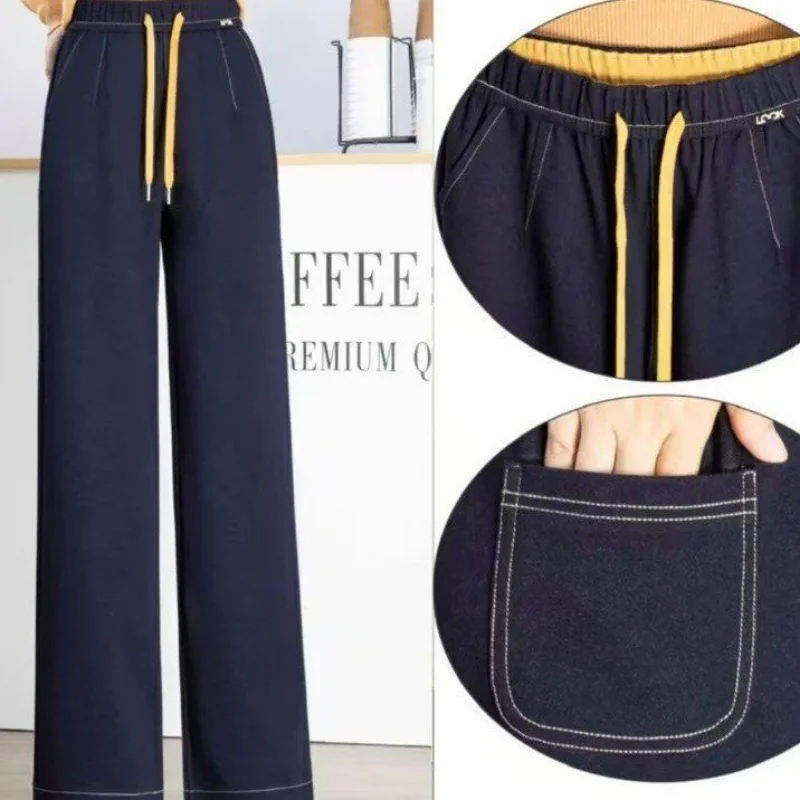 Nuovi pantaloni a gamba dritta casual a vita alta in denim Tensi primavera autunno per pantaloni con coulisse in vita elastica da donna e linea luminosa