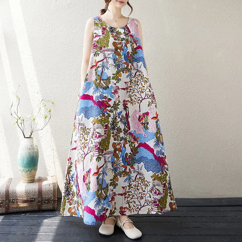 

Fashion O-Neck Loose All-match Printed Color Sleeveless Dress Women's Clothing Summer New Oversized Commuter Vintage Dress