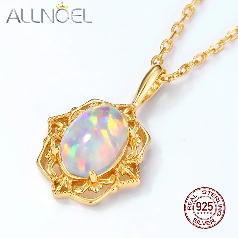 

ALLNOEL 925 Sterling Silver Oval Cut Opal Pendant Necklace for Women Vintage 10k Gold Plated Synthetic Gemstone Jewelry Gift