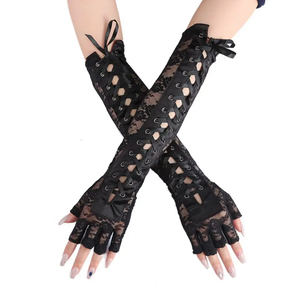 Lace Gloves Elegant Lace-up Halloween Gloves for Women Half Finger Design with Flower Embroidery for Parties Cosplay Role Play