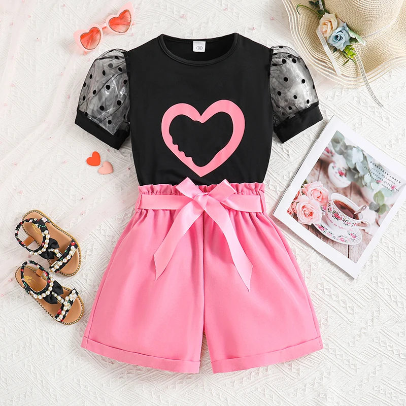 Girls Sets Black Short-Sleeved Doodle Puffy Sleeve Top & Pink Shorts Fashionable Children 2PCS 8-12 Years Kids Causal Outfits